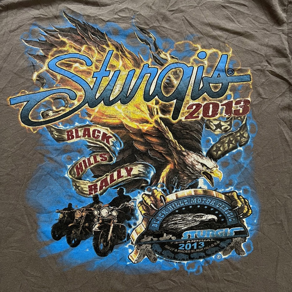 Gildan Sturgis 2013 Black Hills Rally T-Shirt Mens L Brown Double Sided Graphic